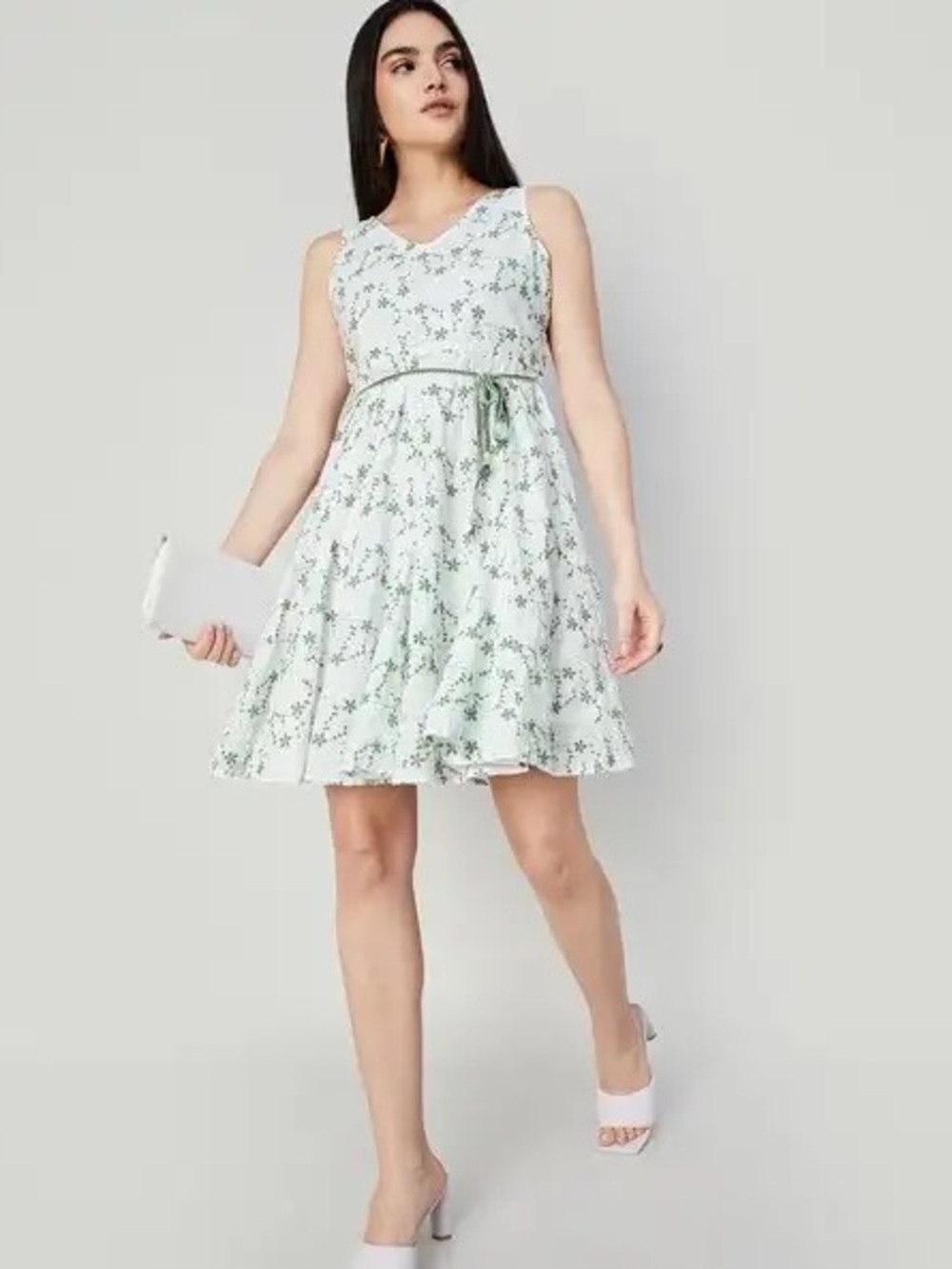 Cottage Core Countryside 100% Cotton Floral Tie-Waist Mini Dress - Picture 3 of 14